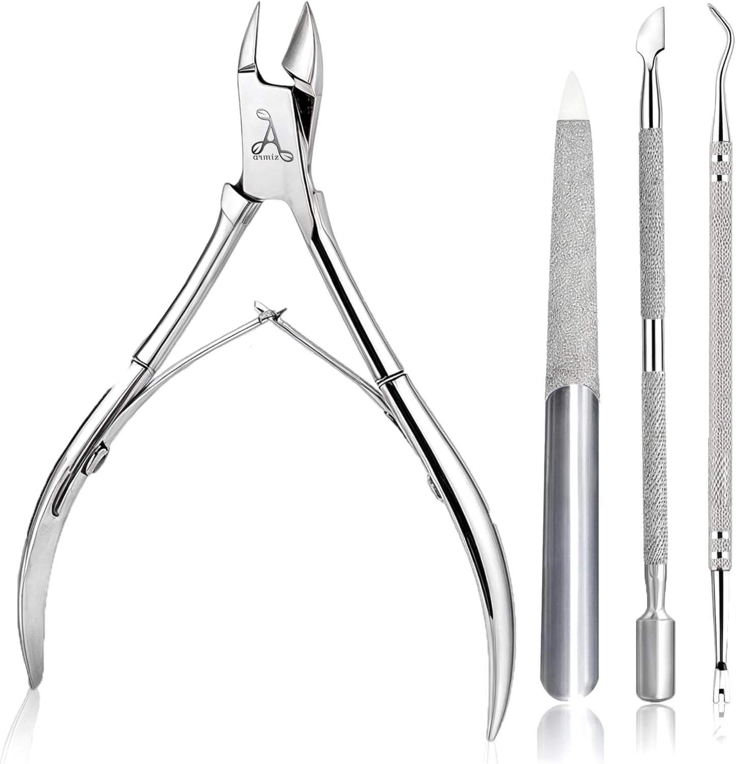 ARMIZ Set de 4 piese pentru împingătorul și cleștele de cuticule, Set profesional de instrumente pentru îndepărtarea cuticulelor, Clește multifuncțional din oțel inoxidabil pentru manichiură și pedichiură