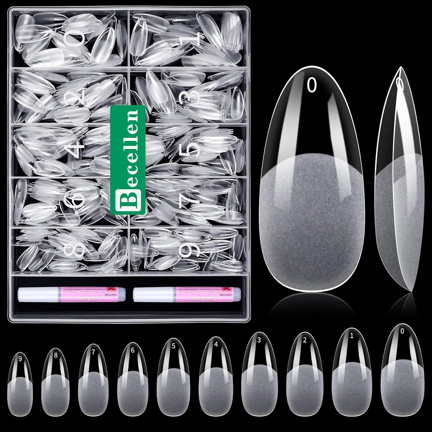 Becellen 500 bucăți vârfuri unghii artificiale, vârfuri unghii cu gel moale, acoperire completă, vârfuri pentru unghii cu gel, unghii artificiale pre-lustruite, set unghii cu lipici pentru nail art DIY (migdale)