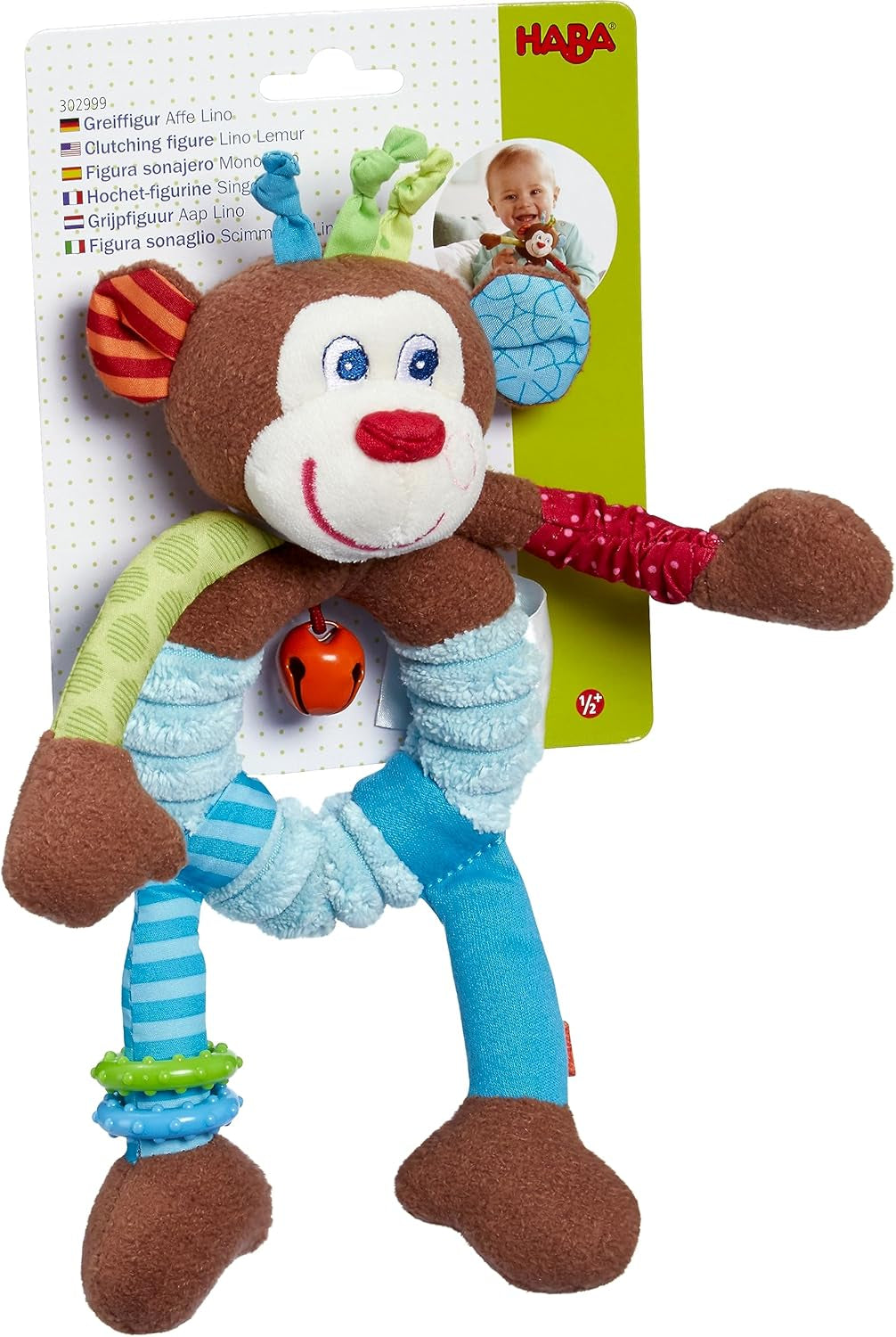 HABA 302999 - Lino maimuța, jucărie de pluș cu o mulțime de efecte cu care să te joci și să descoperi, jucărie pentru copii de la 6 luni Jucarii Bebe Naty Shop