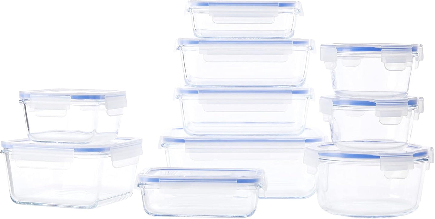 Amazon Basics recipiente de sticlă pentru alimente, cu capac, pachet de 20 (10 recipiente + 10 capace), fără BPA, albastru transparent Cutii depozitare alimente Naty Shop 20 Singur