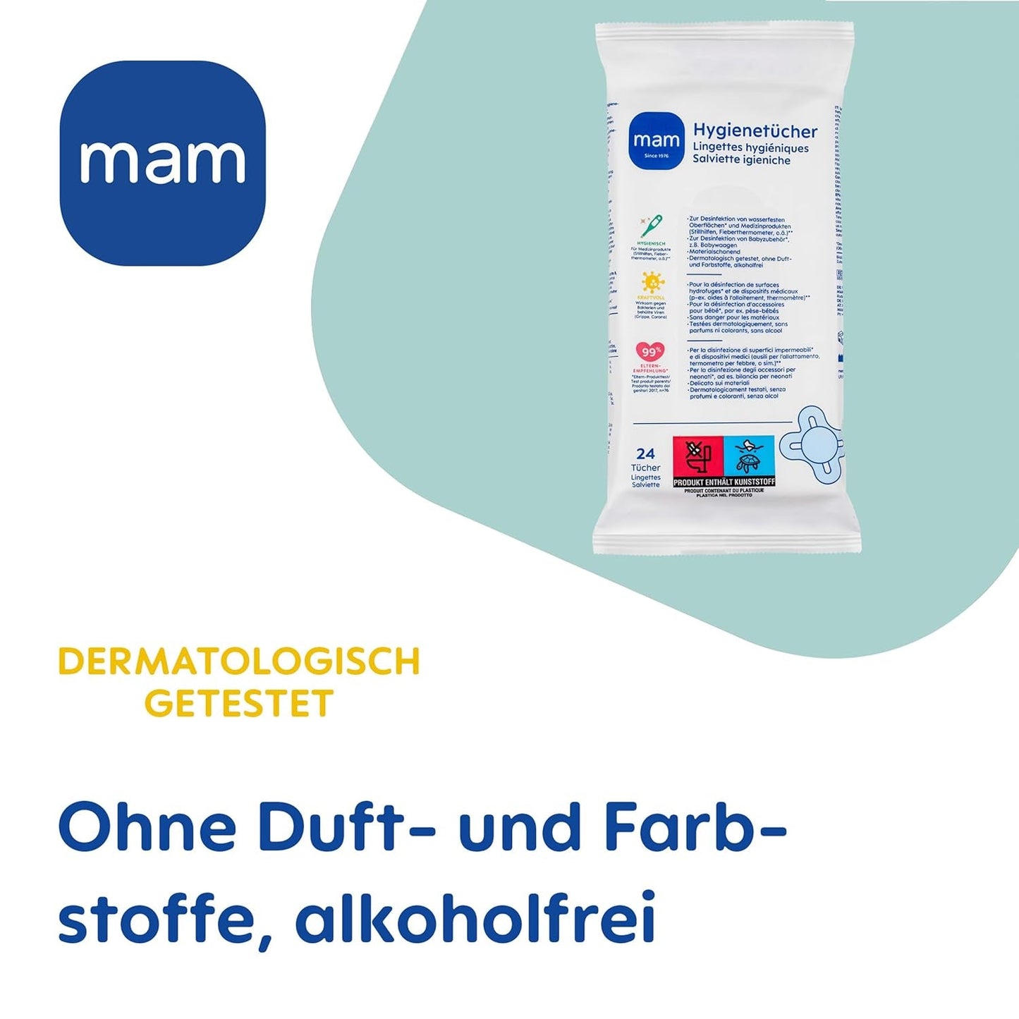 Șervețele igienice MAM în pachet de 3 (3 x 24 bucăți), șervețele de curățare pentru dispozitive medicale și accesorii pentru bebeluși, șervețele igienice eficiente împotriva bacteriilor și virușilor