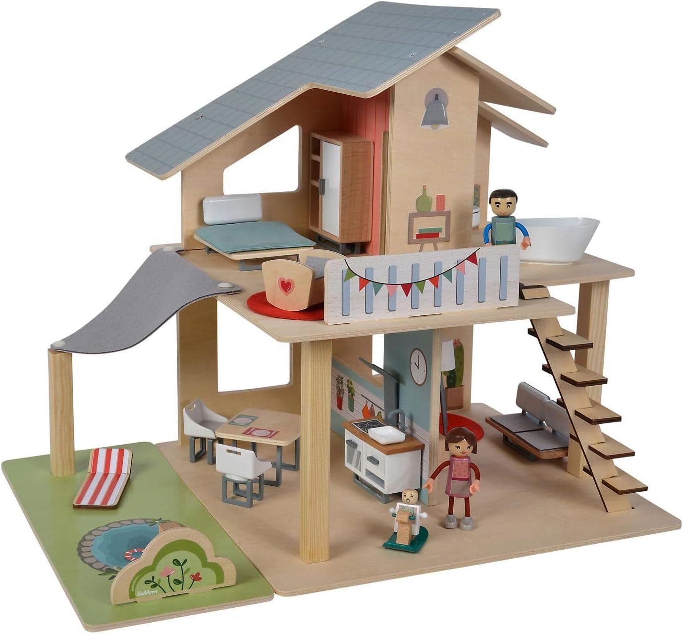 Eichhorn - Casă de păpuși cu accesorii - incl. mobilier și 3 figurine, neasamblată, din lemn, 25 de piese, 53x36x44 cm, de la trei ani