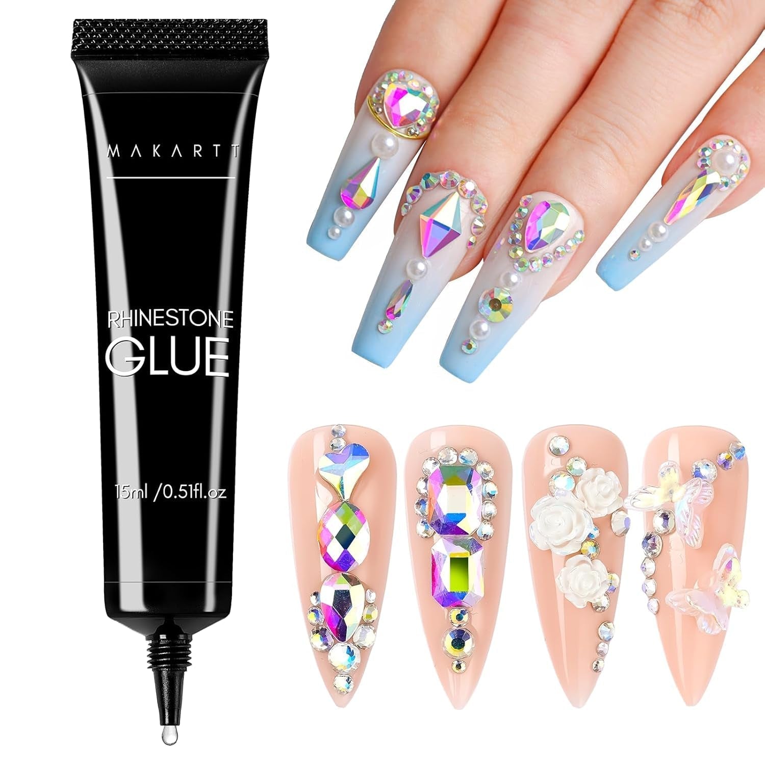 Gel adeziv pentru strasuri Makartt - Set de adeziv UV pentru unghii 15ml cu brelocuri roz pentru unghii, bijuterii pentru unghii în formă de inimă și cerc și accesorii pentru designul unghiilor, pentru manichiură acasă, cadou de Ziua Îndrăgostiților