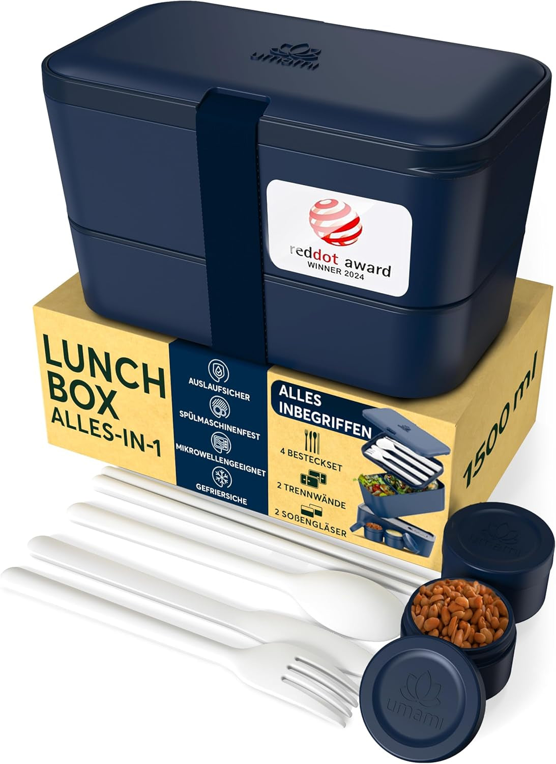 Cutie de prânz Umami pentru adulți, cutie bento stivuibilă etanșă cu 4 tacâmuri și compartimente, cutie de prânz pentru adulți, recipient pentru salată to-go, cutie de prânz pentru picnic / birou, gri cărbune, 1500 ml