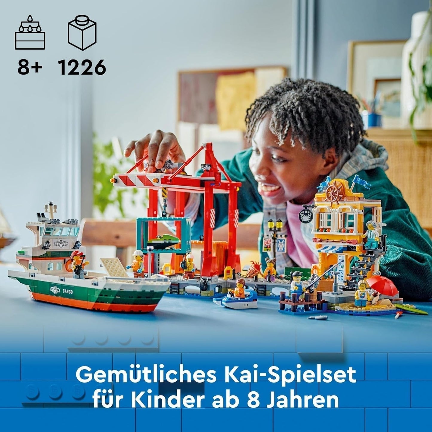 Portul LEGO City cu navă de marfă, jucărie de construit pentru băieți și fete de la 8 ani, idee de cadou pentru copii, macara pentru containere, navă de jucărie și 8 minifigurine 60422 Seturi de constructie Besuche den LEGO-Store