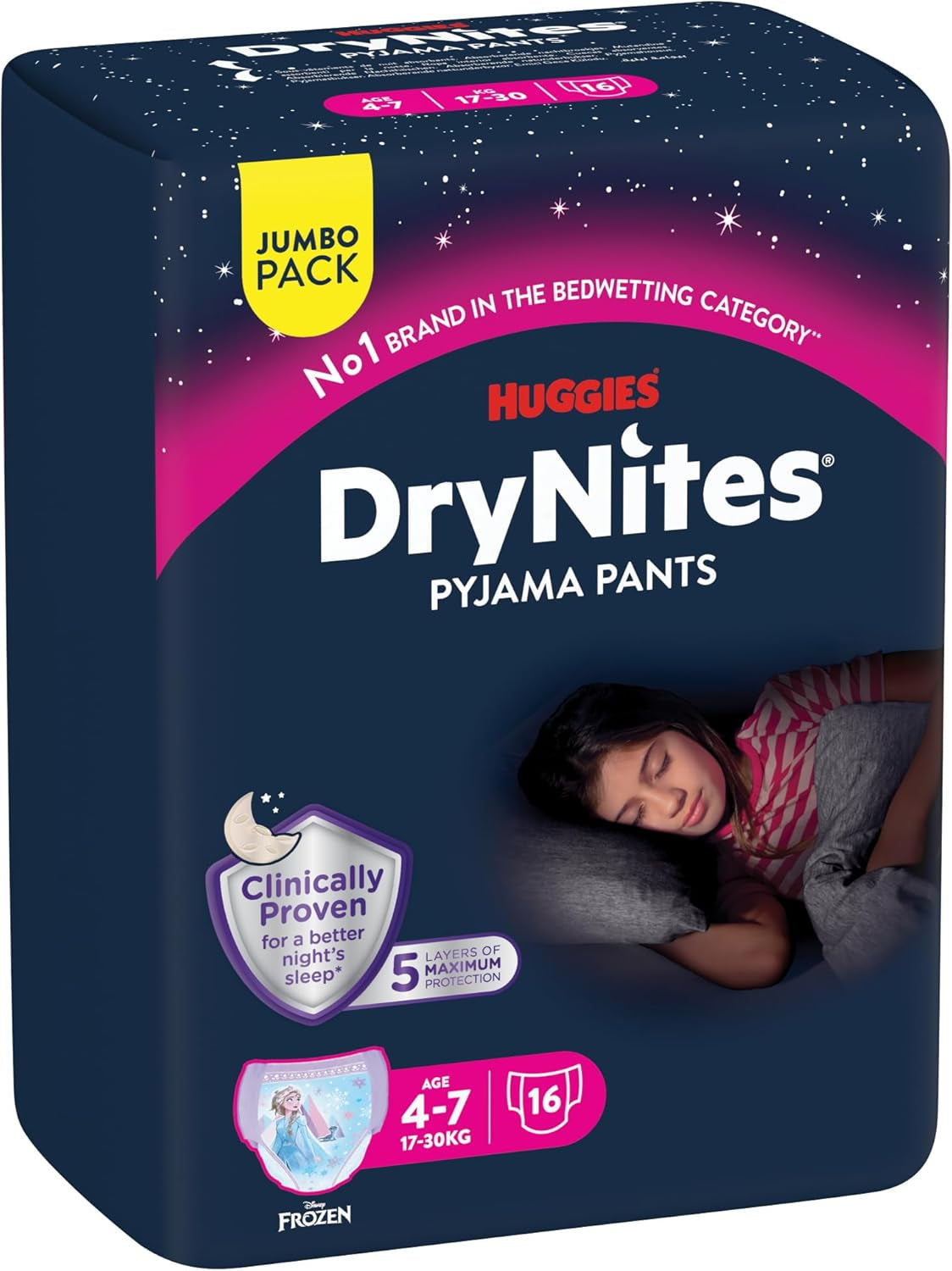 Scutece Huggies DryNites foarte absorbante pentru noapte, pentru fete 4-7 ani, 4 x 16 scutece-chiloți (64 bucăți), pachet lunar