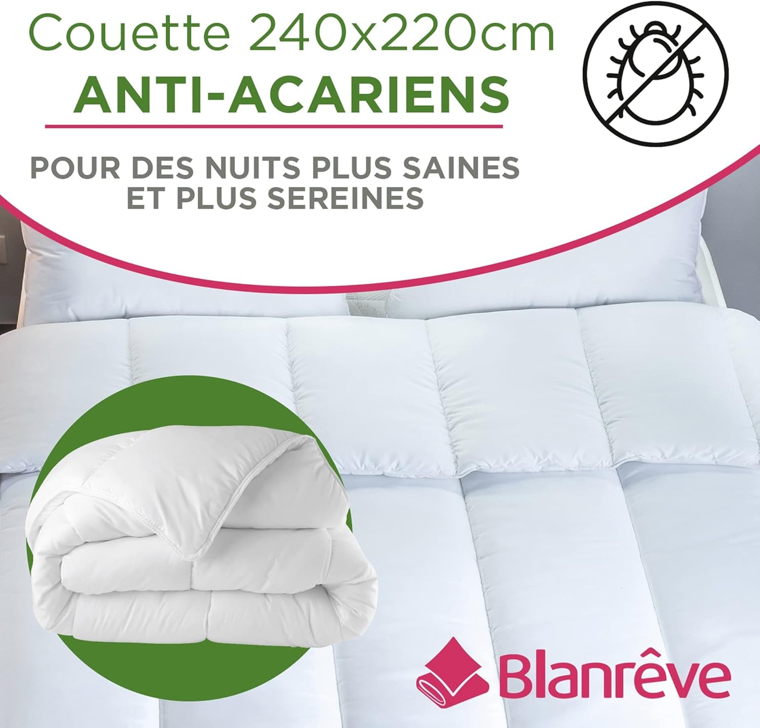 Cuvertură Serenité - Tratament împotriva acarienilor - Temperat 300 G/M² - 240 X 220 Cm - Pentru pat dublu - Lavabil la mașină, alb Plapumi si pilote Naty Shop