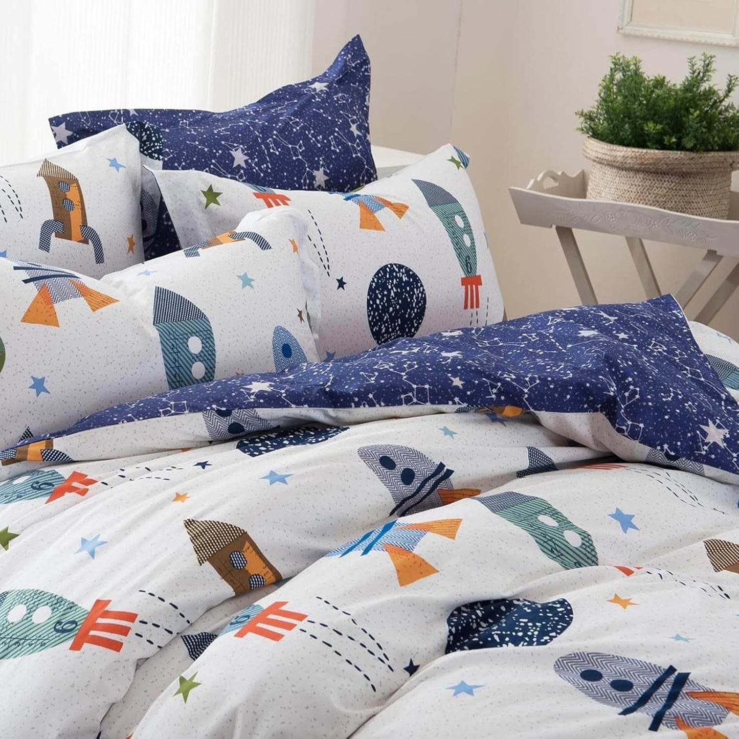 Lenjerie de pat pentru copii, rachete si planete, design reversibil, bumbac Lenjerie de pat - copii Naty Shop