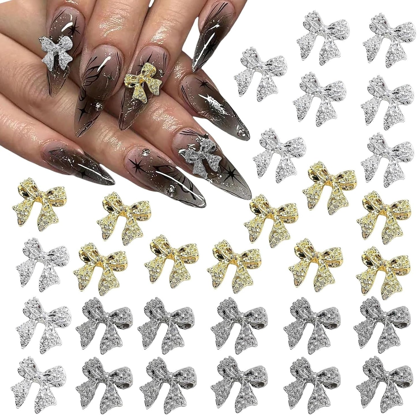 30 de bucăți de funde metalice pentru unghii, funde aurii, argintii și gri, accesorii pentru unghii, decorațiuni pentru unghii pentru femei și fete, design de unghii artizanal