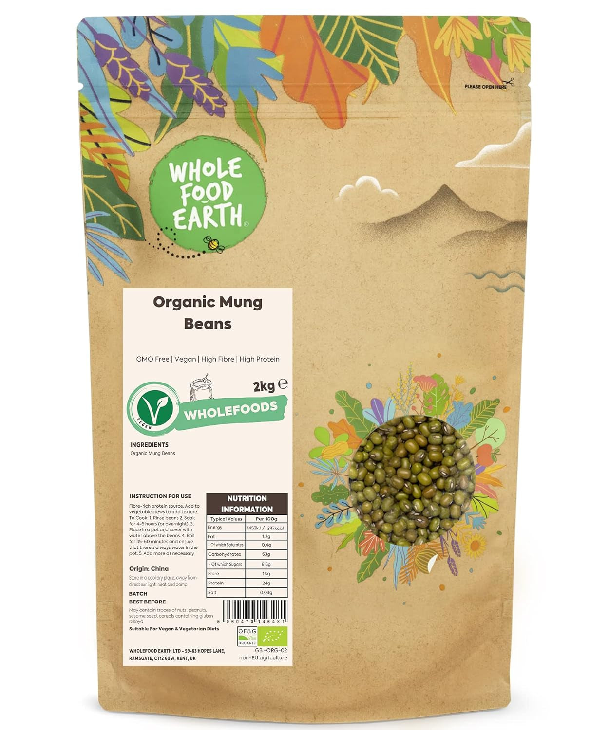 Fasole mung organică Wholefood Earth 2kg | Fără OMG | Vegană | Bogată în fibre | Bogată în proteine | Certificată organică