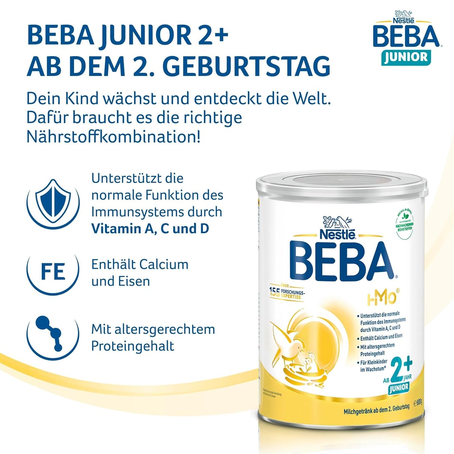 Băutură cu lapte BEBA Junior 2+ de la 2 ani, Cu HMO, Conținut de proteine adaptat vârstei, Numai lactoză, Fără ulei de palmier, Fără ulei de pește, Hrană pentru copii mici, Lapte praf pentru bebeluși, Pachet de 6 (6 x 800g)