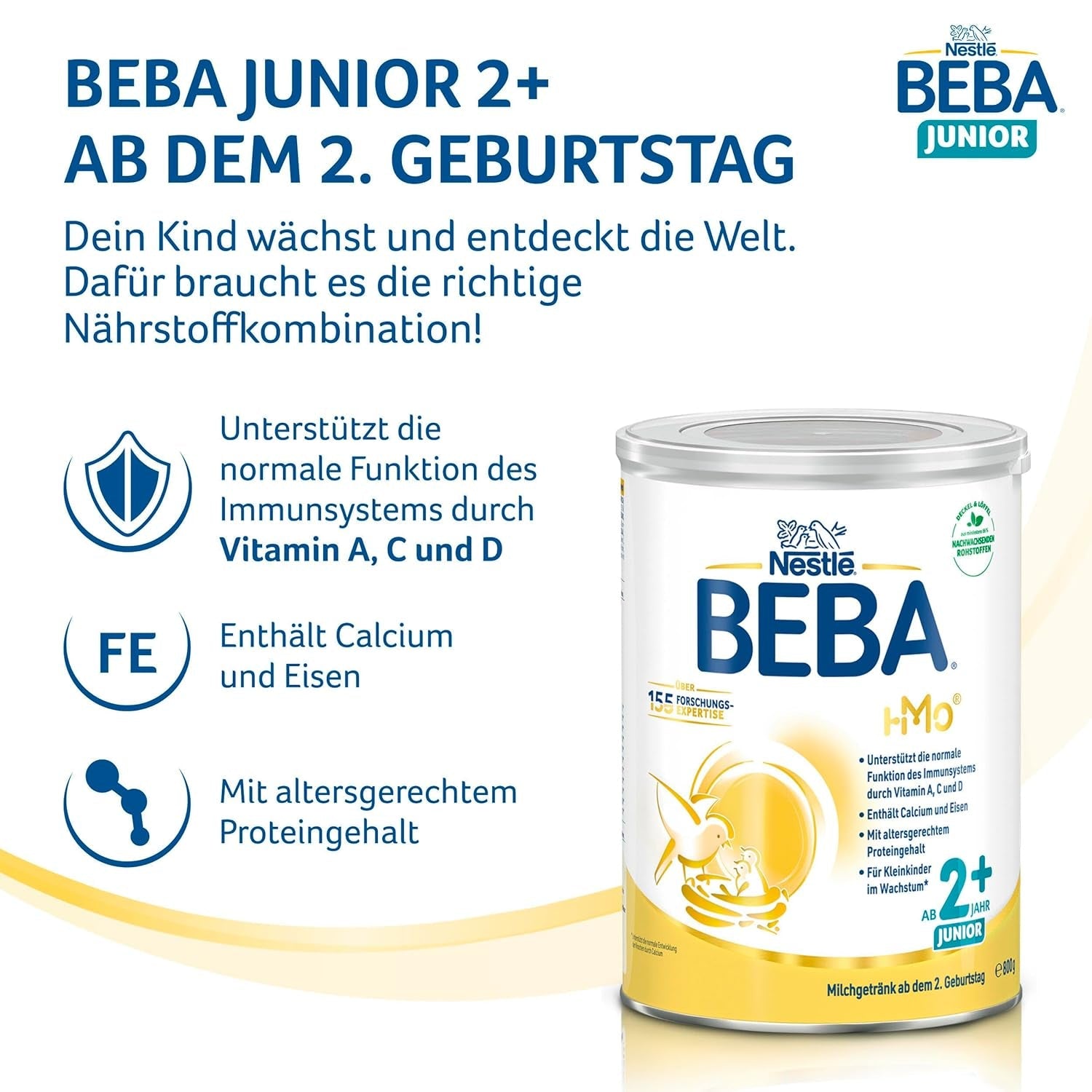 Băutură cu lapte BEBA Junior 2+ de la 2 ani, Cu HMO, Conținut de proteine adaptat vârstei, Numai lactoză, Fără ulei de palmier, Fără ulei de pește, Hrană pentru copii mici, Lapte praf pentru bebeluși, Pachet de 6 (6 x 800g)