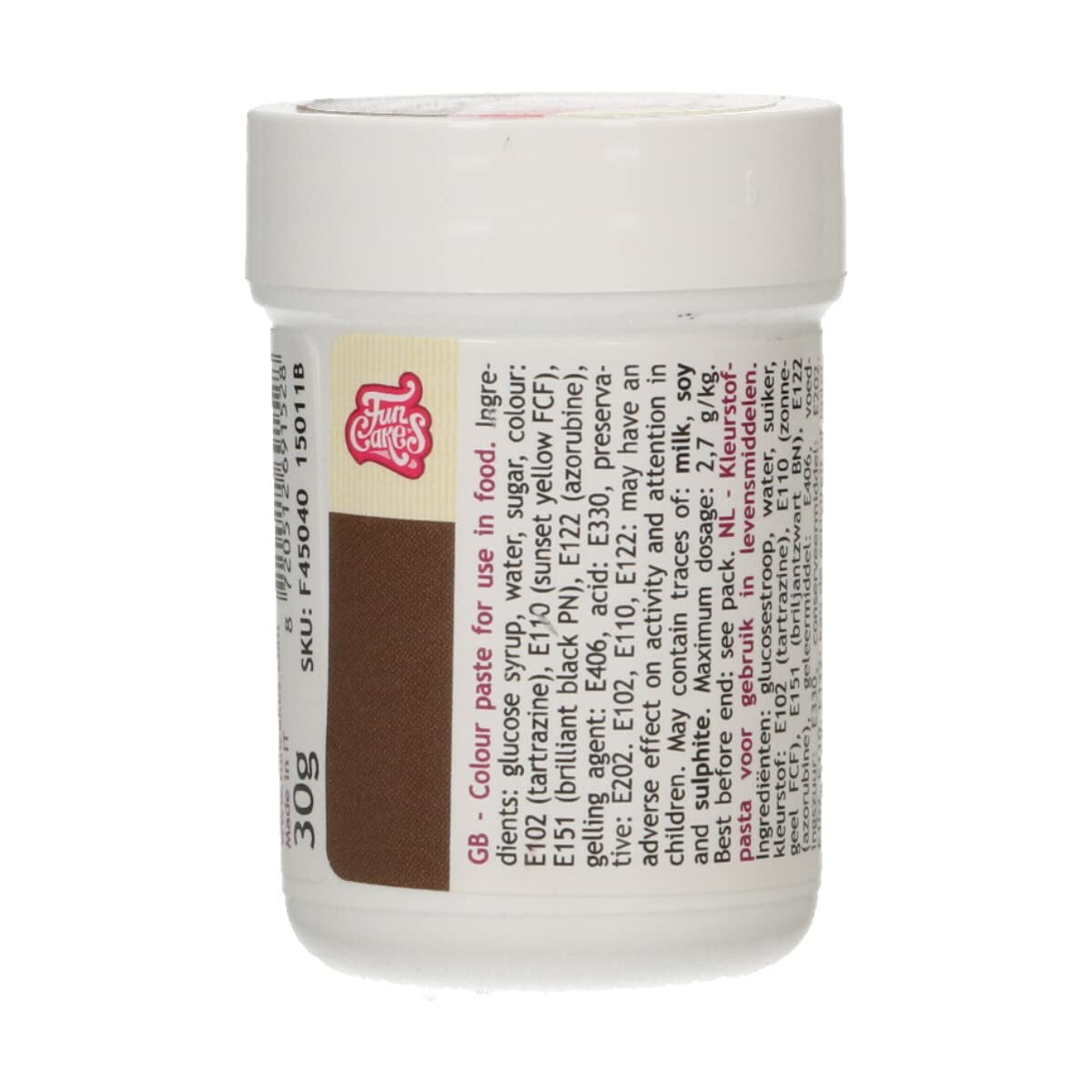 Colorant alimentar concentrat Funcakes Paste Colorant Maro Închis; Colorant alimentar concentrat pentru aluat, cremă, fondant, marțipan, aluat, pastă de modelat și pastă de flori. Halal și Kosher. 30 g