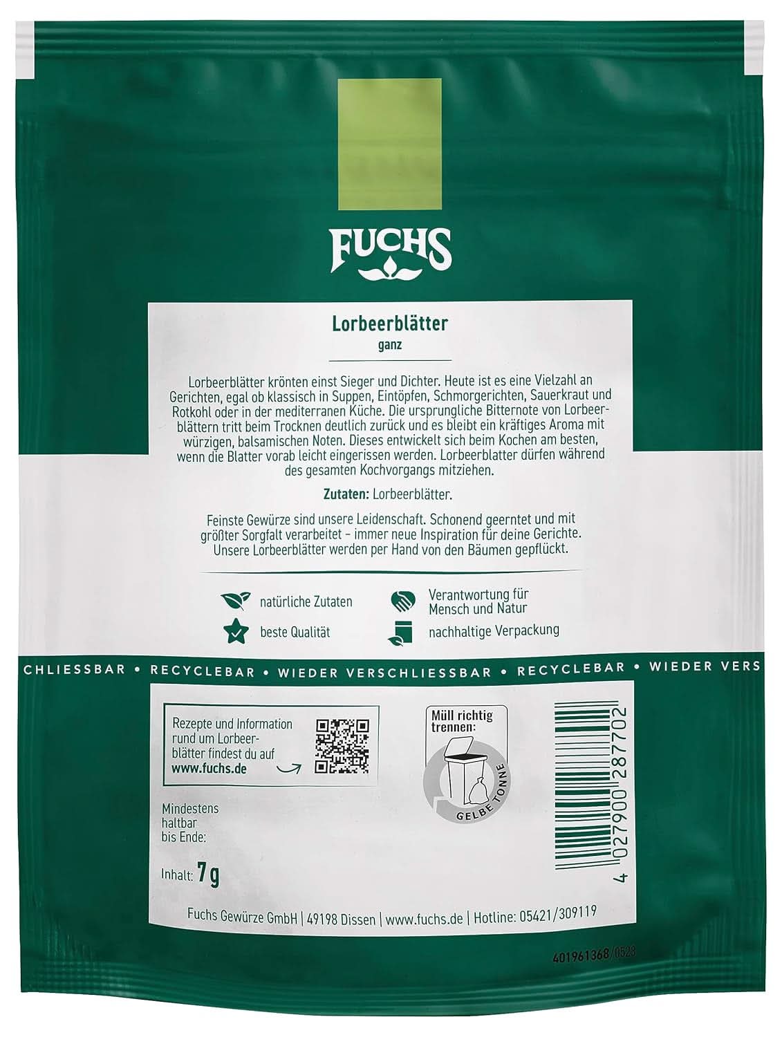 Fuchs - Frunze de dafin într-o pungă resigilabilă, reciclabilă - fabricate din ingrediente naturale - 7 grame Condimente Naty Shop