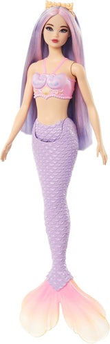 Păpușă sirenă Barbie cu păr fantezie în roz și lila cu bentiță, păpușă cu partea de sus din scoică și aripioară din coadă albastru lavanda, HRR06 Papusi Naty Shop