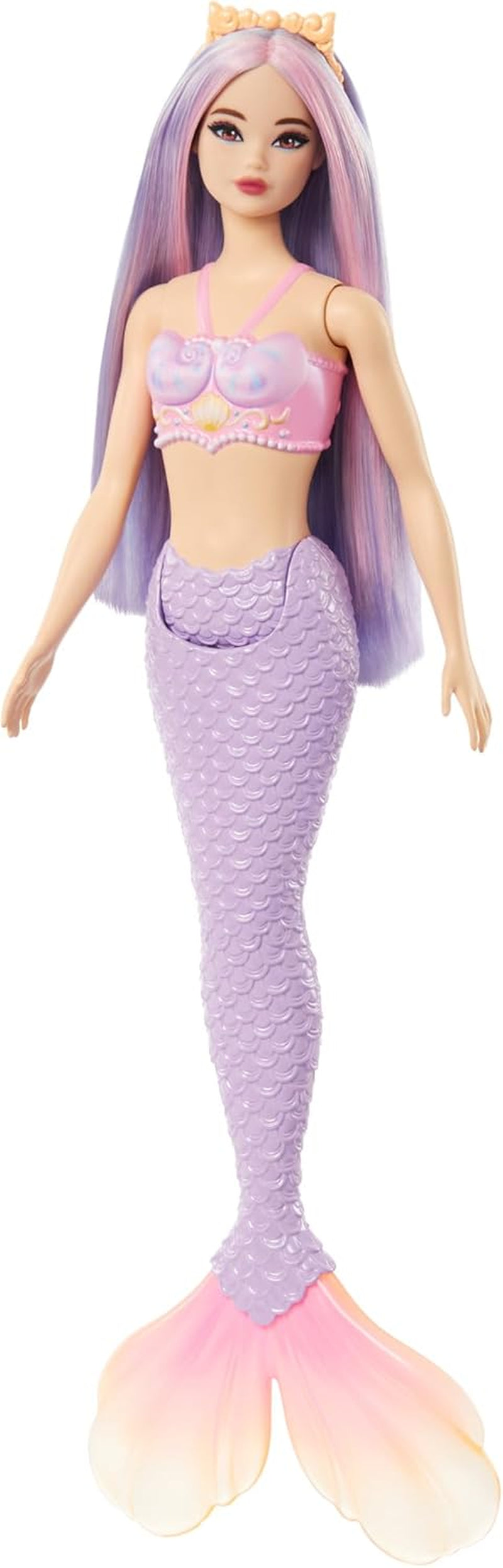 Păpușă sirenă Barbie cu păr fantezie în roz și lila cu bentiță, păpușă cu partea de sus din scoică și aripioară din coadă albastru lavanda, HRR06 Papusi Naty Shop