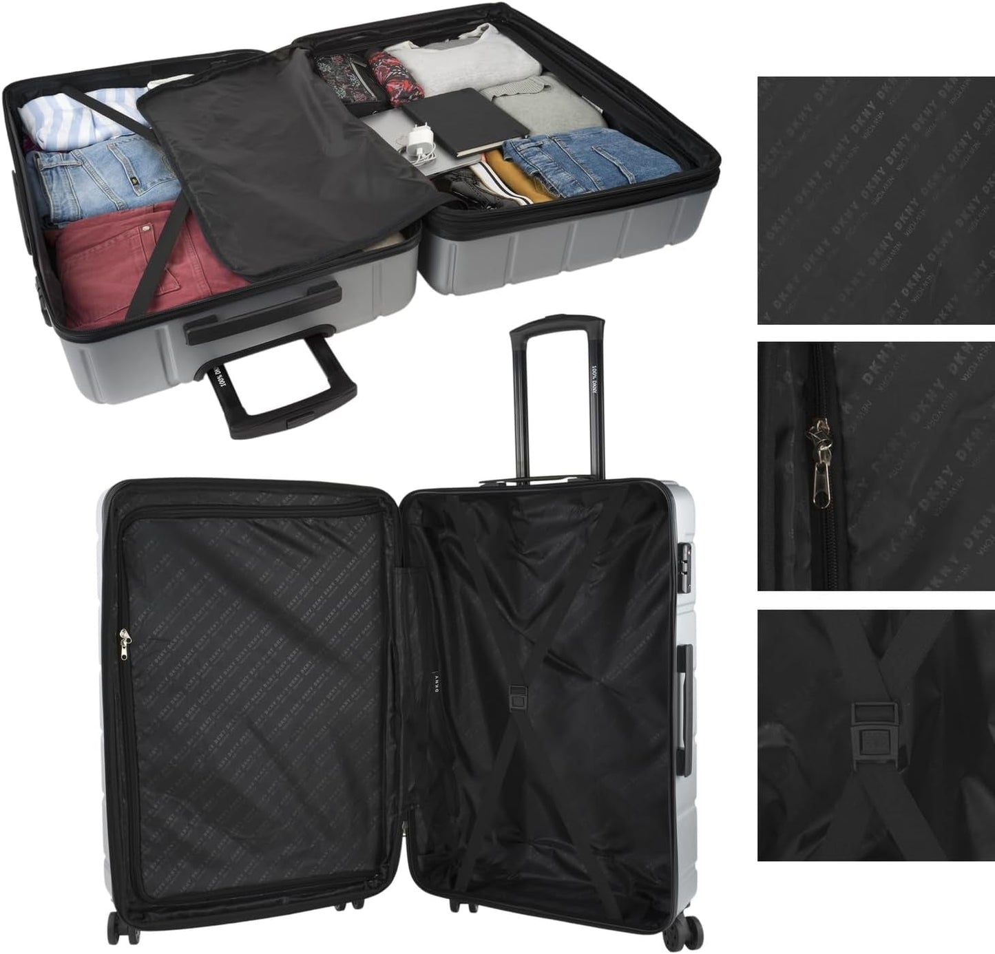 DKNY - Valiză mare cu 4 roți valiză mare ușoară - Valiză de călătorie cu roți mare. Valiză de călătorie mare pentru avioane Valiză hard shell cu închidere certificată - Valiză troler mare, argintie Bagaje și echipament de călătorie Naty Shop