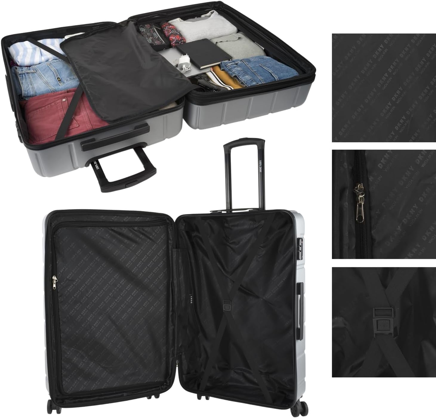 DKNY - Valiză mare cu 4 roți valiză mare ușoară - Valiză de călătorie cu roți mare. Valiză de călătorie mare pentru avioane Valiză hard shell cu închidere certificată - Valiză troler mare, argintie Bagaje și echipament de călătorie Naty Shop