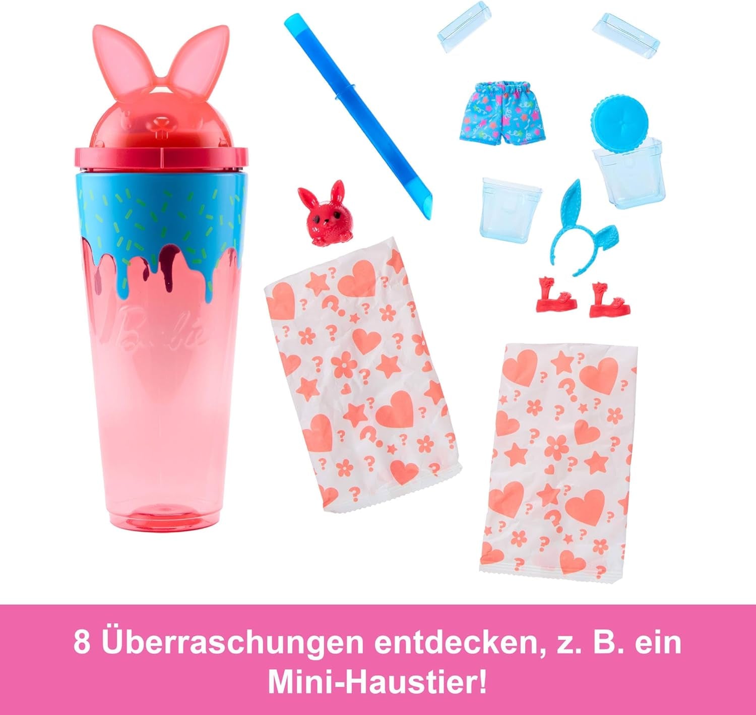 Set Barbie Pop Reveal cu păpușă și accesorii, seria Shakes, păpușă la modă pisoi parfumată drăguță și animal de companie, cu 8 surprize, inclusiv schimbarea culorii, JCN87