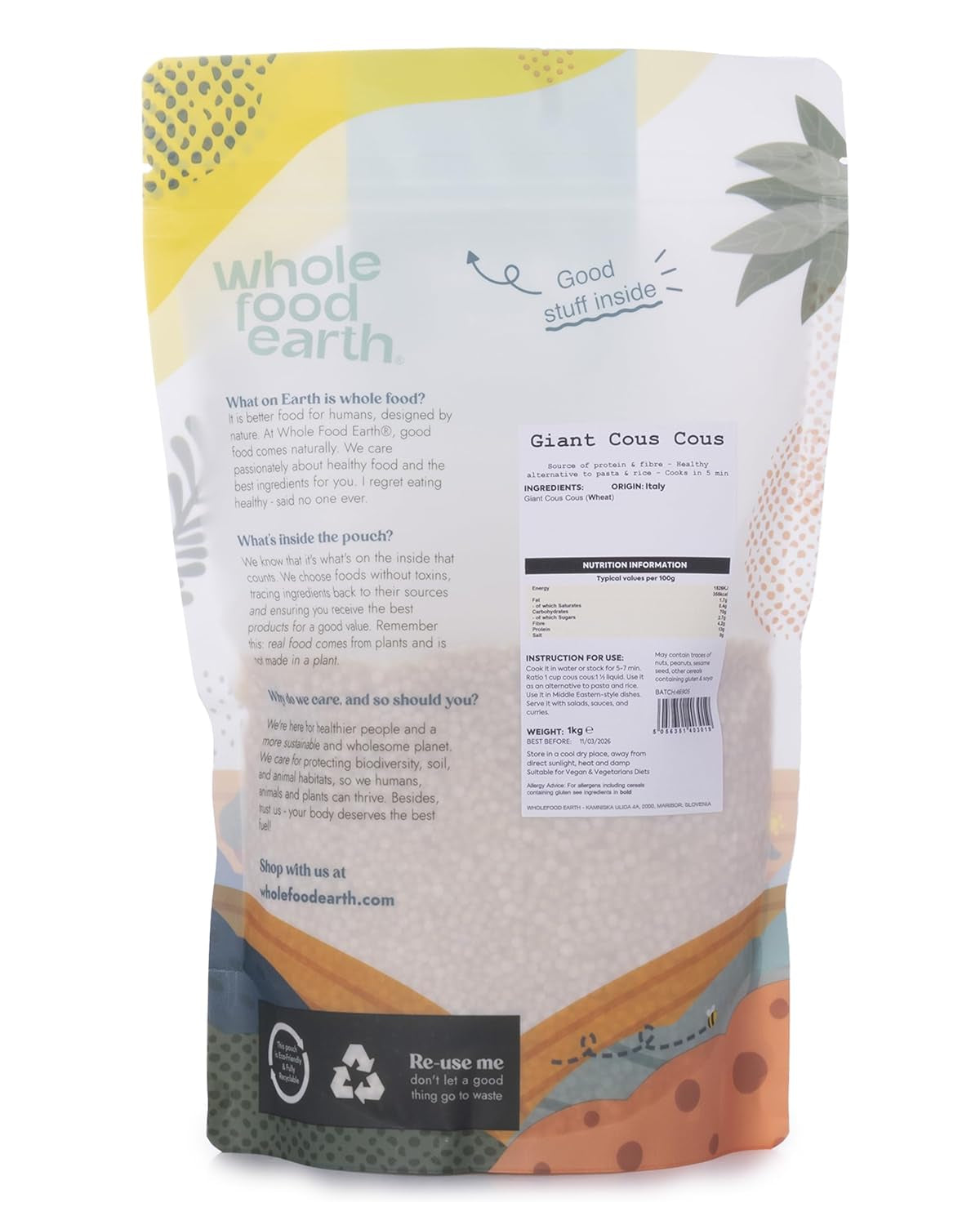 Cuscus gigant Wholefood Earth 1kg | Fără OMG | Natural | Sursă de fibre