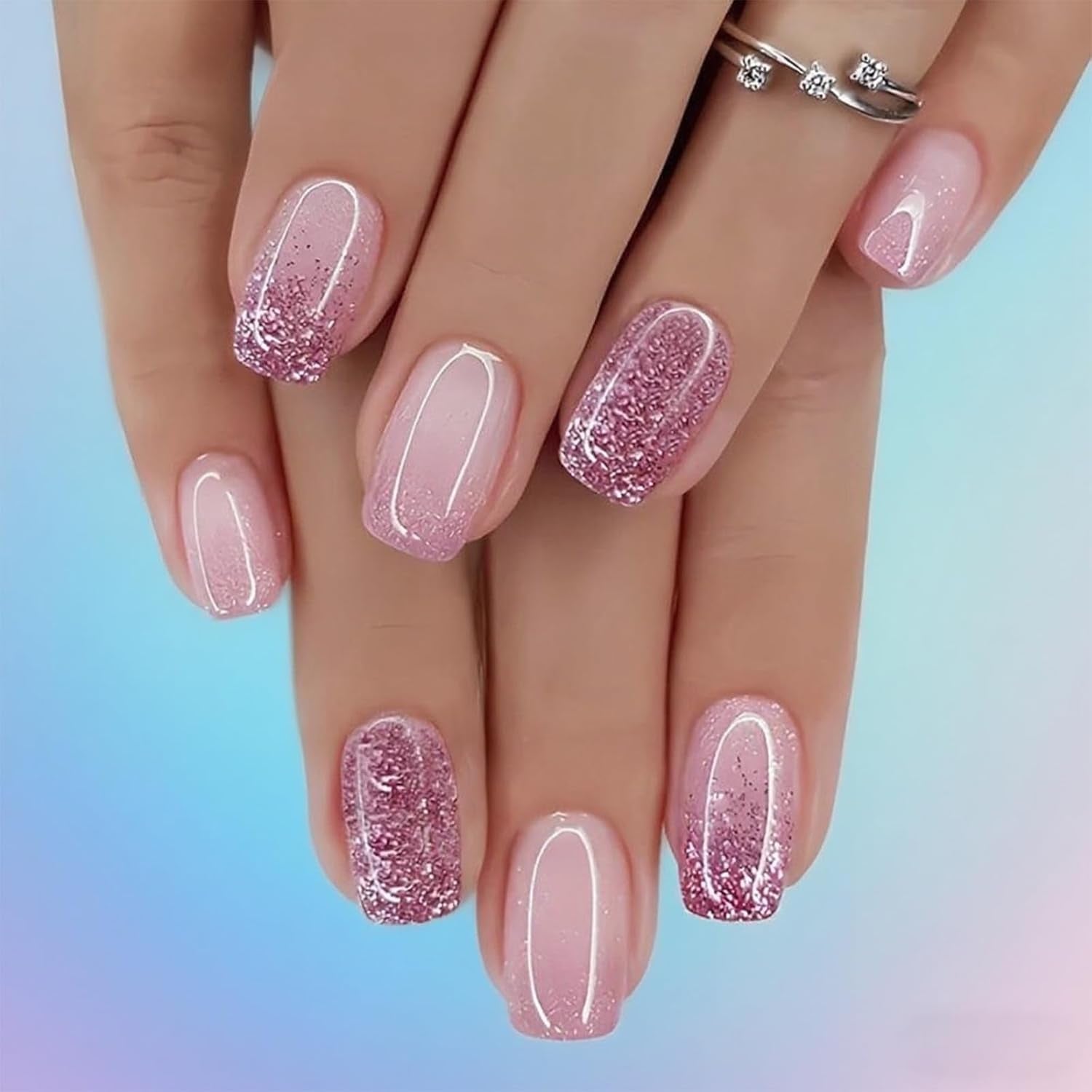 Set unghii false cu adeziv - Unghii false franțuzești - 24 bucăți, design pătrat scurt, gradient alb roz, unghii artificiale, manichiură balerină (gradient roz scurt)