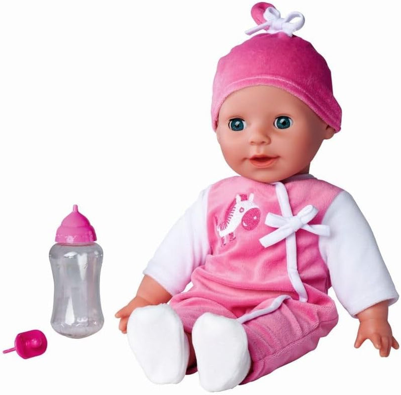 Simba 105140489 - Păpușa Laura Baby Talk, Păpușă cu corp moale de 38 cm și ochi adormiți, în salopă drăguță, 24 de sunete pentru bebeluși, Păpușă de joacă, Păpușă bebeluș, Vârste 2+