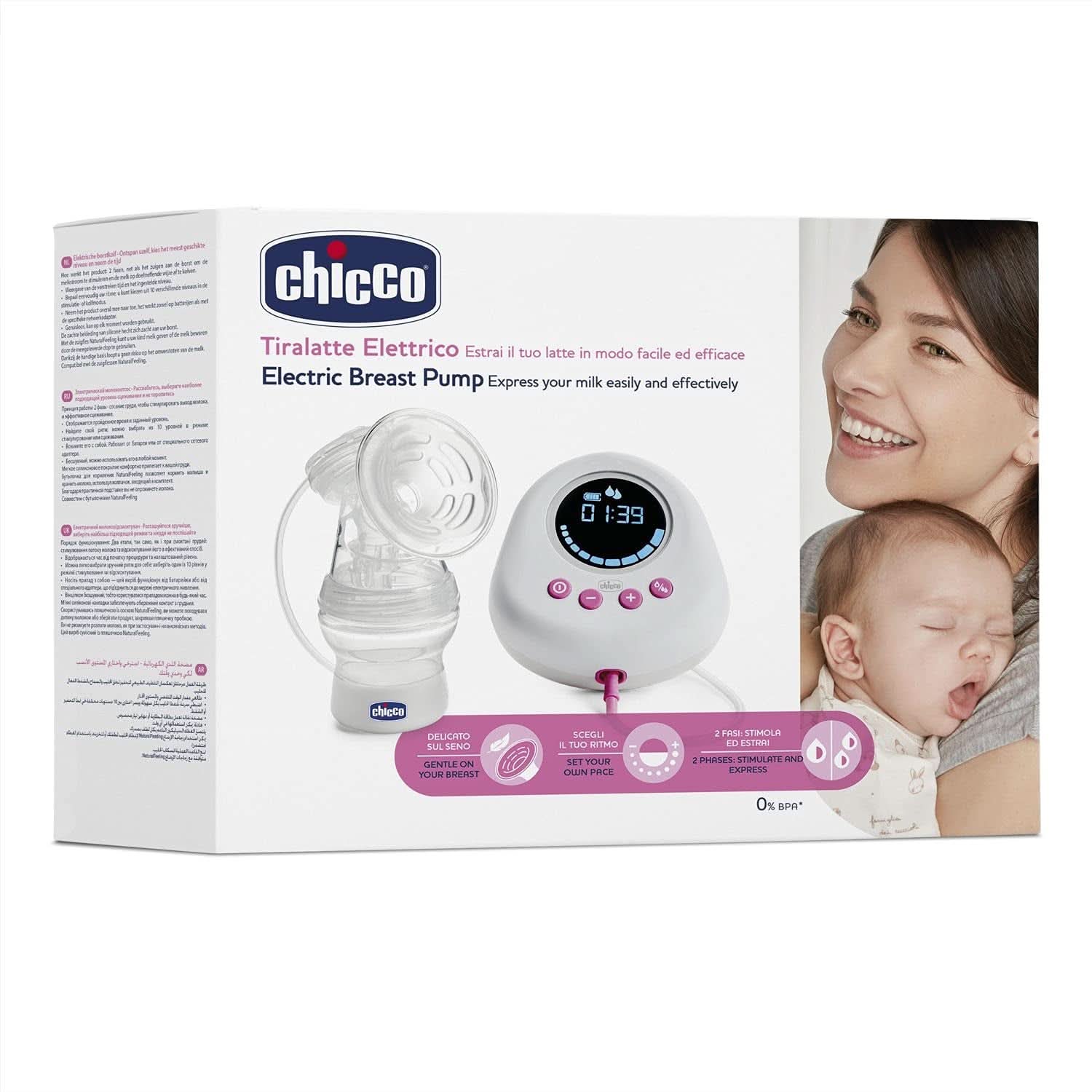 Pompă electrică pentru sân Chicco cu faze de stimulare și extracție, 10 niveluri de intensitate, confortabilă și rapidă, formă ergonomică, cu tetina înclinată și capac etanș, alb, 150 ml Accesorii Hrana si Alaptare Bebe Naty Shop