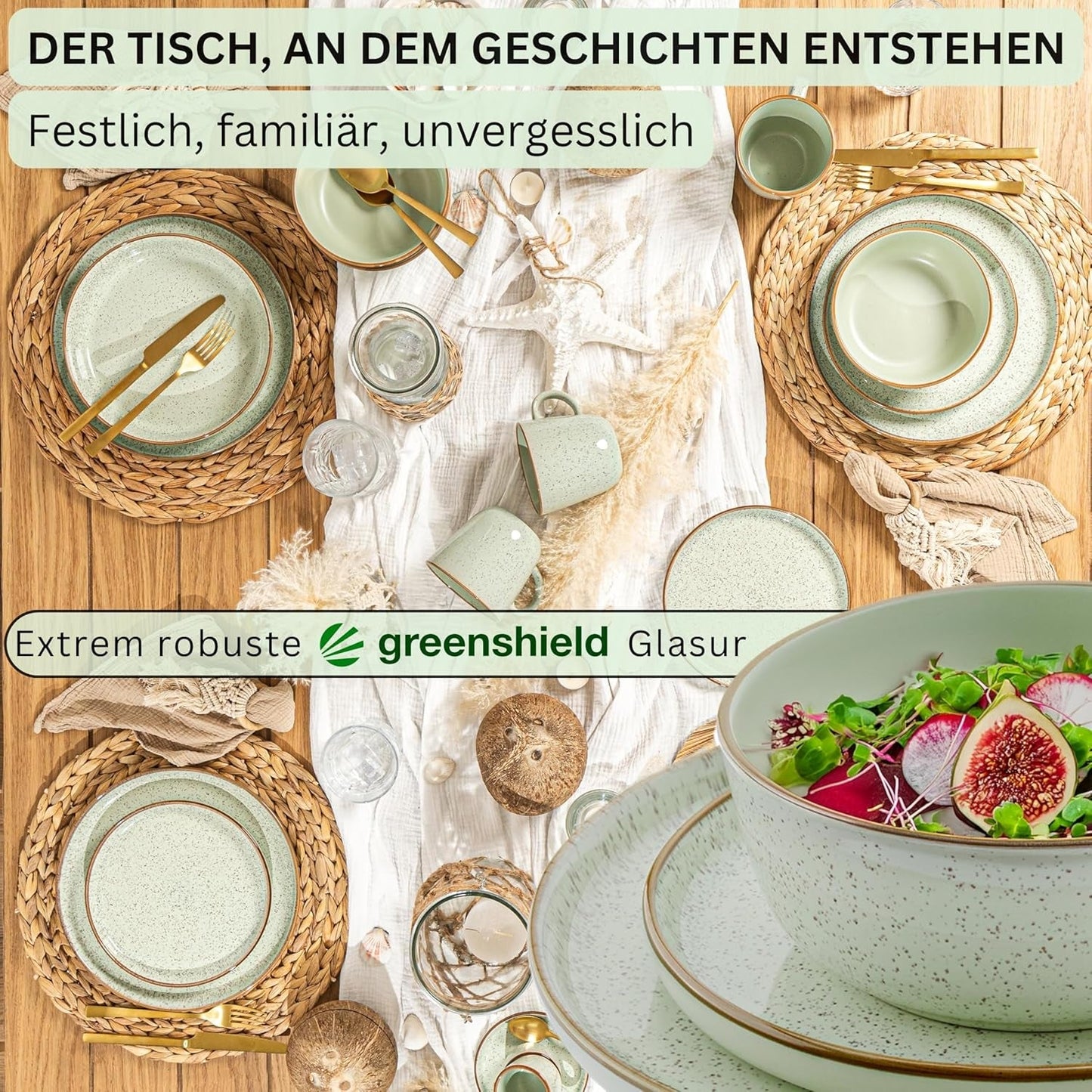 SÄNGER Rio Mint | Set de veselă din gresie pentru 6 persoane, 6 farfurii, 6 farfurii de desert, 6 boluri, verde mentă | COLECȚIA VALUE