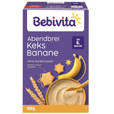 Terci de seară cu biscuiți și banane (4x500g), terci de lapte de la 5 luni, fără zahăr adăugat, cu minerale și vitamine valoroase, foarte sățios