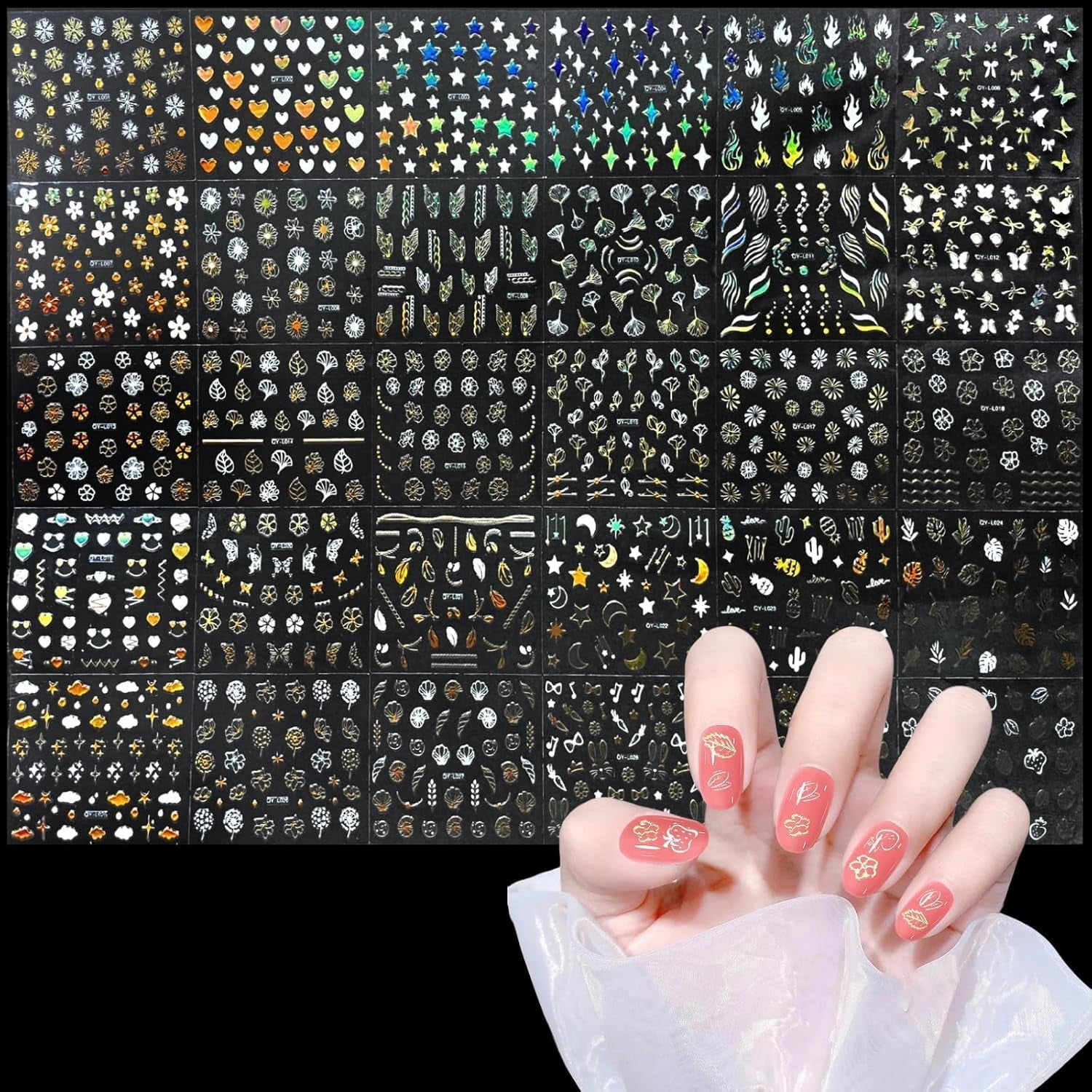 3D Nagelsticker Aurora 30 Blatt Gold Nail Art Sticker Selbstklebend Nagelaufkleber Holografisches Stern Herz Dekoration Nageldesign Zubehör