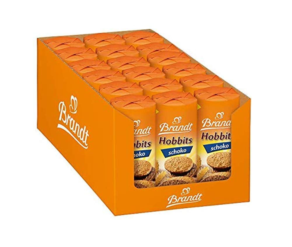 Brandt Hobbits Chocolate - Pachet de 18 - Cutie de depozitare - Biscuiți integrali cu conținut ridicat de fibre, fulgi de ovăz și jumătate de ciocolată fină (18 x 265 g)