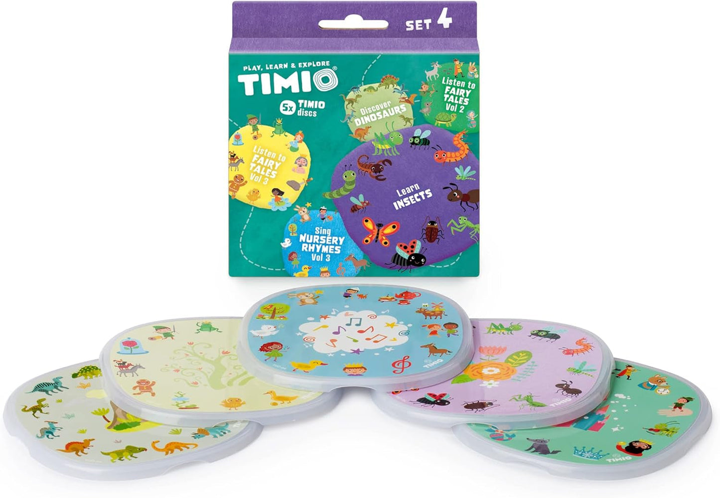 TIMIO Disc Set # 1: 5 discuri audio pentru TIMIO Player | Învață culorile, animalele sălbatice, instrumentele muzicale, 96 de versuri de grădiniță Vol. 1, părțile corpului | 8 limbi incluse | Jucărie de învățare de la 2 - 6 ani Jucarii Bebe Naty Shop Timio disc set 4