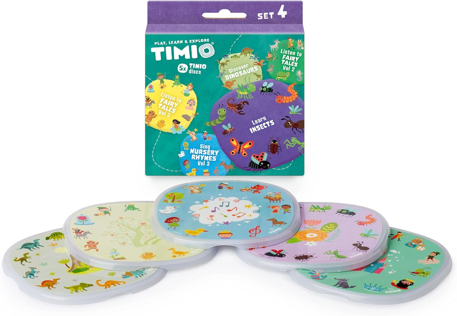 TIMIO Disc Set # 1: 5 discuri audio pentru TIMIO Player | Învață culorile, animalele sălbatice, instrumentele muzicale, 96 de versuri de grădiniță Vol. 1, părțile corpului | 8 limbi incluse | Jucărie de învățare de la 2 - 6 ani Jucarii Bebe Naty Shop Timio disc set 4