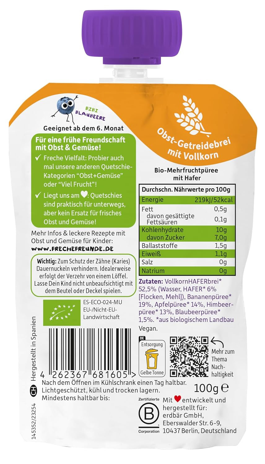 FRECHE FREUNDE Pliculeț cu fructe organice Banană, Măr, Zmeură, Afine cu ovăz, Piure de fructe cu cereale într-un pliculeț compresibil pentru bebeluși de la 6 luni, Vegan, Pachet de 6 (6 x 100g)