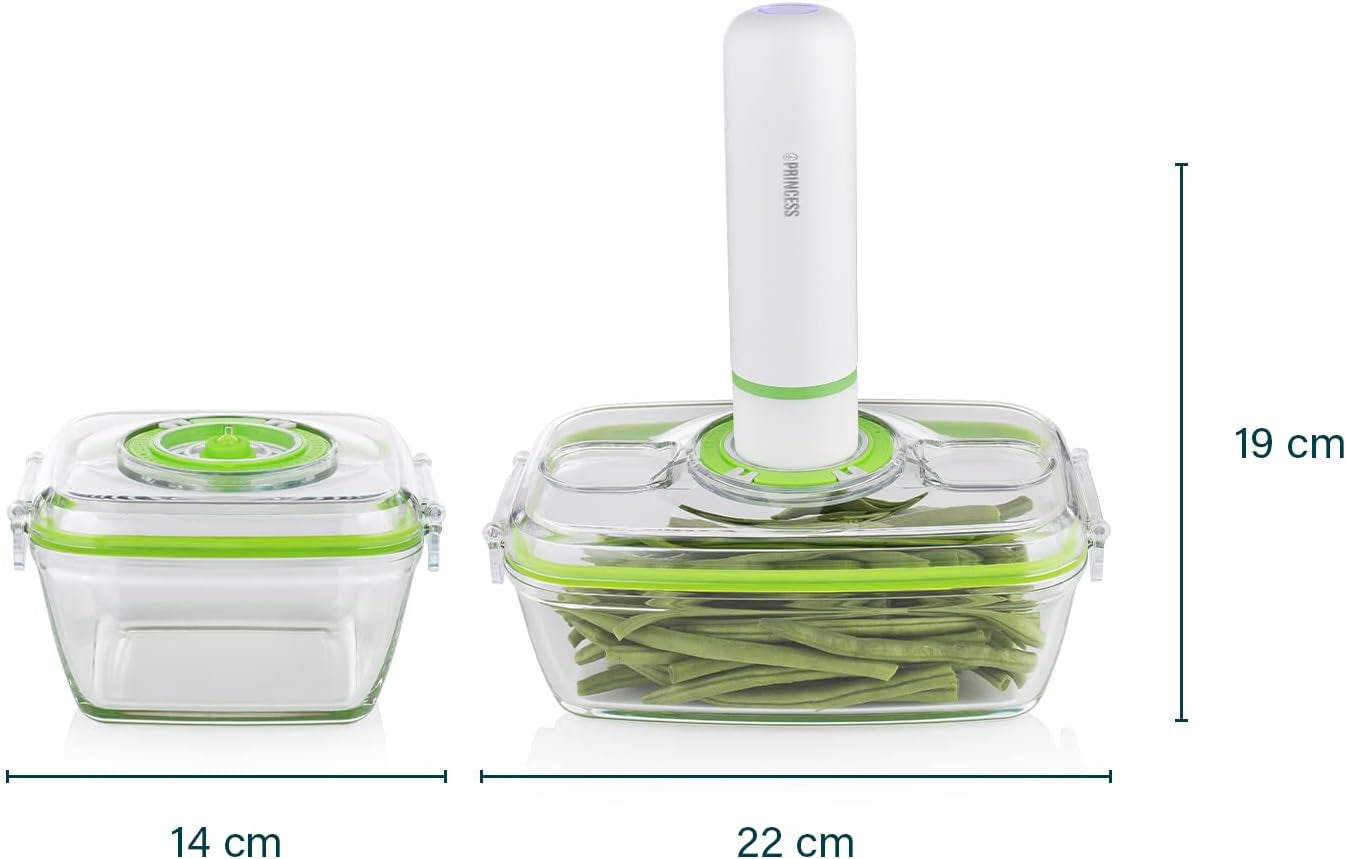 Set de recipiente din sticlă pentru păstrarea alimentelor Princess cu sigilator de vid portabil - inclusiv pompă de vid electrică, cablu de încărcare USB, 2 recipiente pentru gătit și alimente, 2 capace fără BPA, 492985 Cutii depozitare alimente Naty Shop