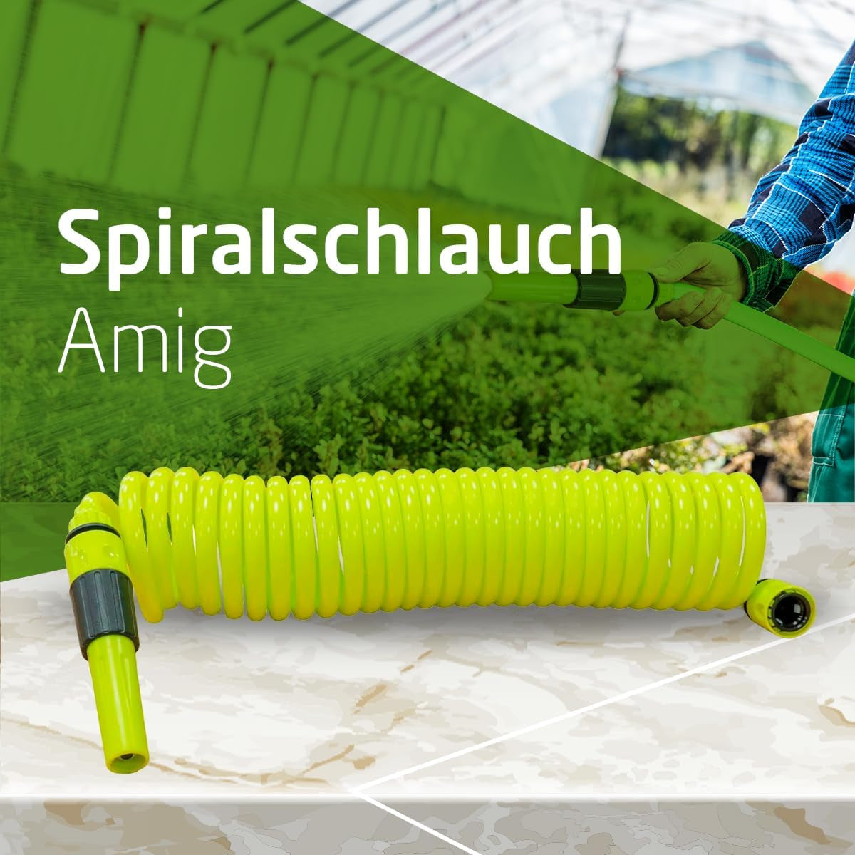Amig - Furtun spiralat | Fabricat din polipropilenă | Extensibil până la 7,5 m | Include lance de irigare, adaptor și 2 îmbinări | Verde fistic