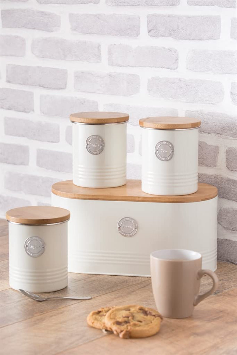 LIVING collection, bol de zahăr cu capac | cremă pastel | cutie de depozitare 1 L bucătărie pentru zahăr | recipient din oțel pentru zahăr cu capac | borcane de depozitare etanșe din bambus cu capac Cutii depozitare alimente Naty Shop