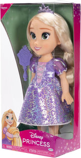 Păpușă Disney Prințesa Rapunzel 35 cm, ochi reflectorizanți cu sclipici, articulații mobile, rochie detașabilă, pantofi, coroană, păr lung și blond, pentru fete cu vârsta de 3 ani și peste