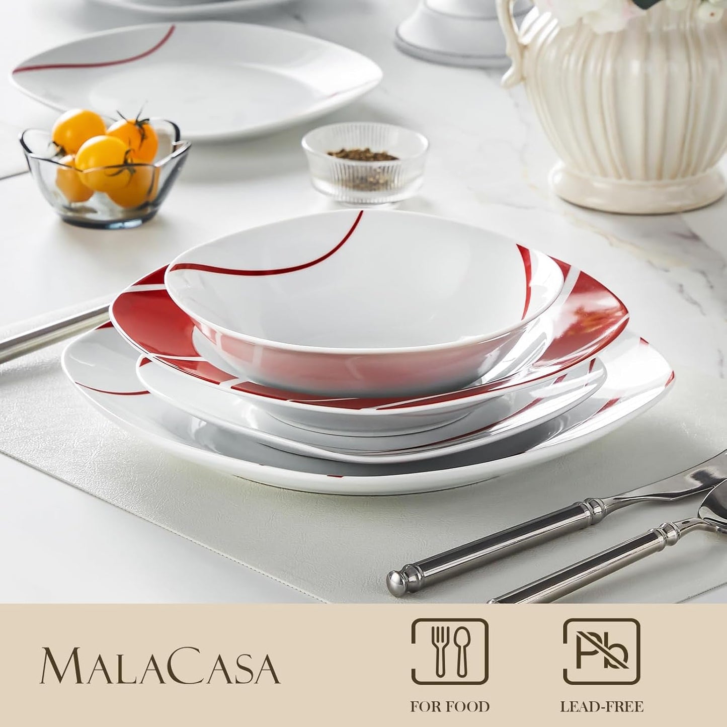 Set de veselă MALACASA pentru 6 persoane, serviciu de masă din porțelan Felisa cu 24 de piese, set de veselă modern cu 6 farfurii de cină, farfurii de desert, farfurii de sumă și boluri, perfect pentru Crăciun și pentru uz zilnic
