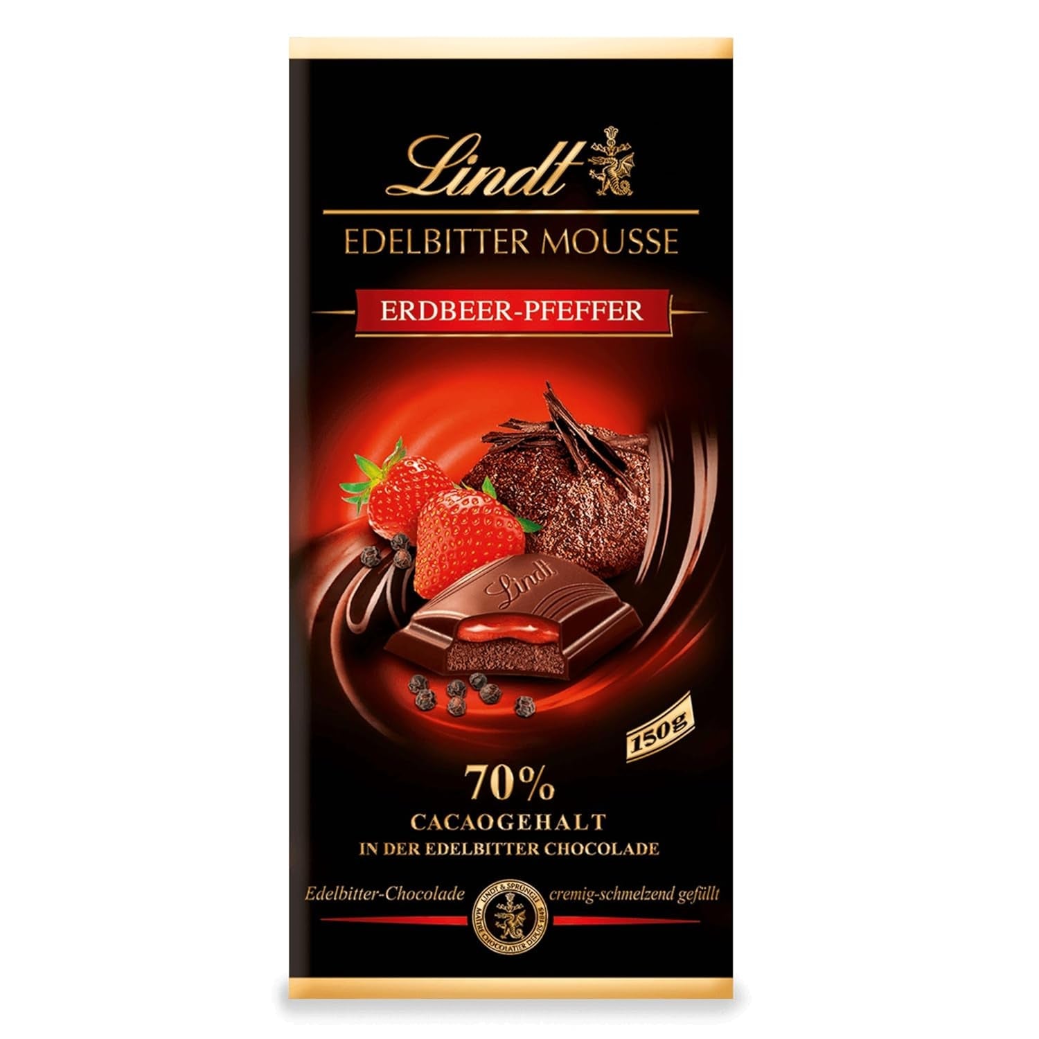 Mousse de ciocolată neagră Lindt cu chili și vișine | Baton 150g | Cu 70% conținut de cacao și umplutură de mousse de ciocolată neagră și chili cu vișine | Baton de ciocolată | Ciocolată neagră