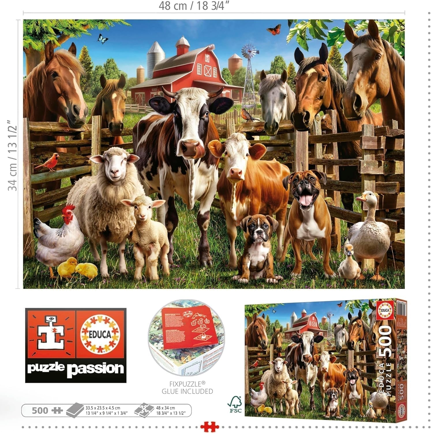 Educa - Puzzle de 500 piese pentru adulti | Animalele de la ferma obraznice. Dimensiuni: 48 X 34 cm. Include lipiciul de puzzle Fixpuzzle. Pentru 11 ani (19905) Puzzle Naty Shop