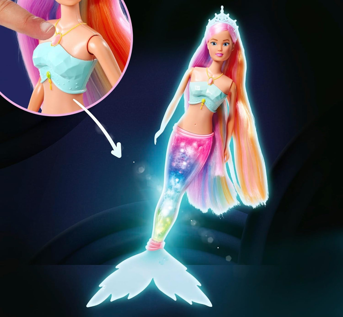 Steffi Love Sirena Curcubeu Magic, păpușă sirenă cu funcție de lumină curcubeu magică și păr extra lung, 39 cm, vârste 3+