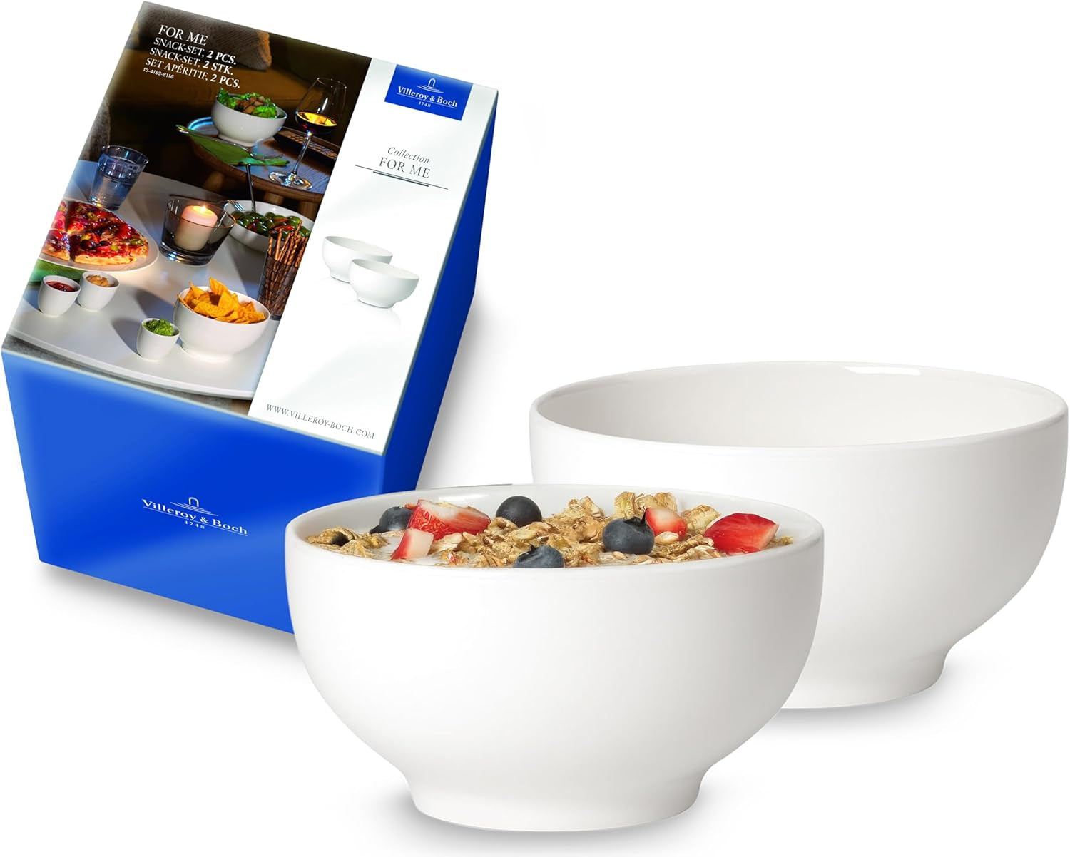 Villeroy & Boch - Set de 2 boluri pentru cereale For Me, alb, potrivit pentru mașina de spălat vase, potrivit pentru cuptorul cu microunde, boluri mici pentru 2 persoane, boluri, boluri pentru cereale, gustări sau sosuri, farfurie, porțelan premium