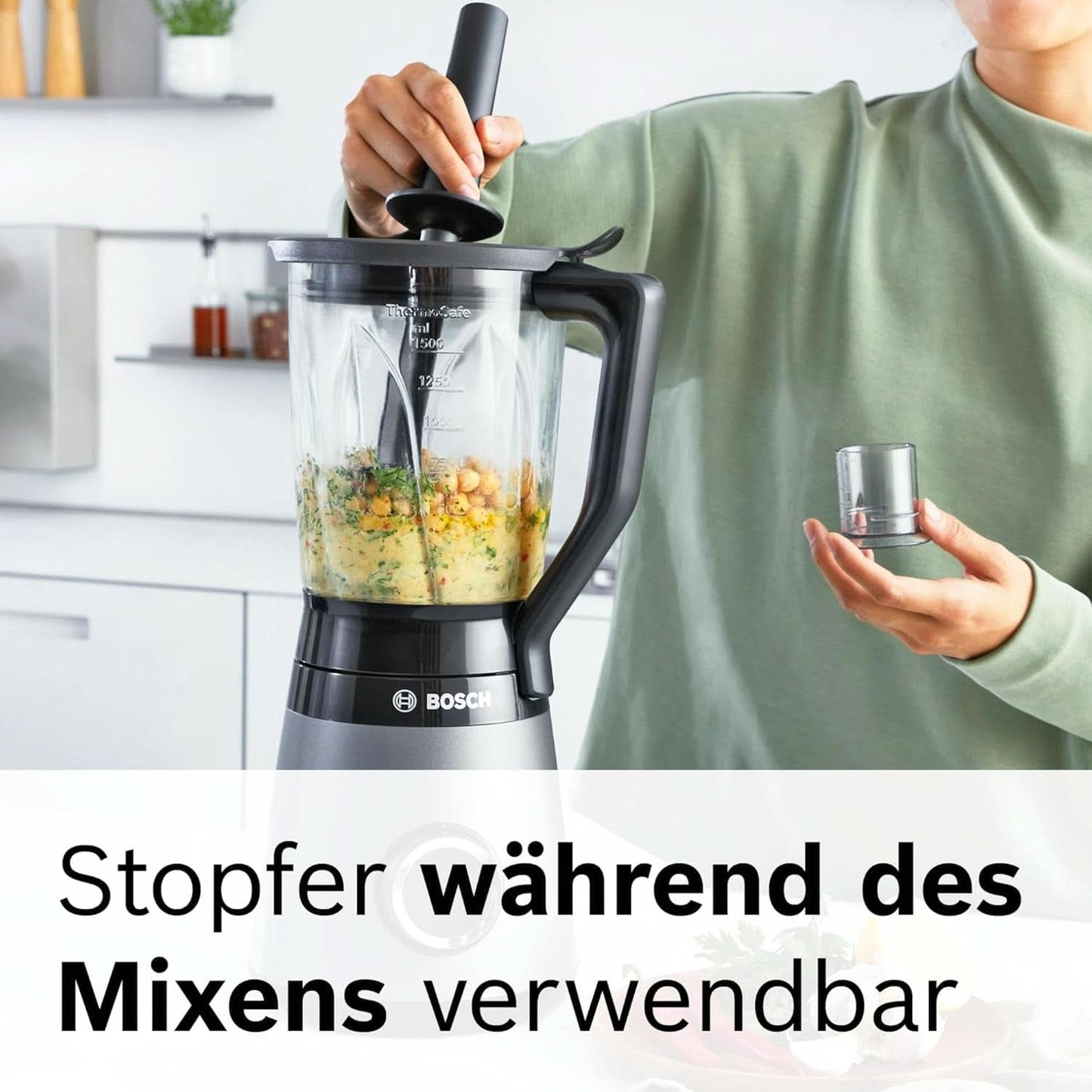 Bosch Standmixer Vitapower Serie 4 MMB6177S, Edelstahl-Klingen Made in Germany, 1,5L Thermosafe Glasbehälter, 0,6L To-Go-Flasche, Stopfer, Universalzerkleinerer, 30,000 U/Min, 1200 W, Silber Bucatarie Naty Shop