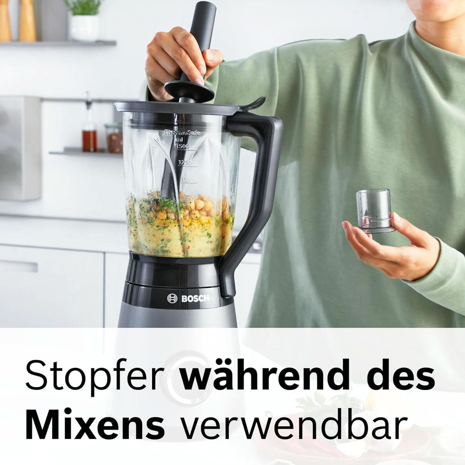 Bosch Standmixer Vitapower Serie 4 MMB6177S, Edelstahl-Klingen Made in Germany, 1,5L Thermosafe Glasbehälter, 0,6L To-Go-Flasche, Stopfer, Universalzerkleinerer, 30,000 U/Min, 1200 W, Silber Bucatarie Naty Shop