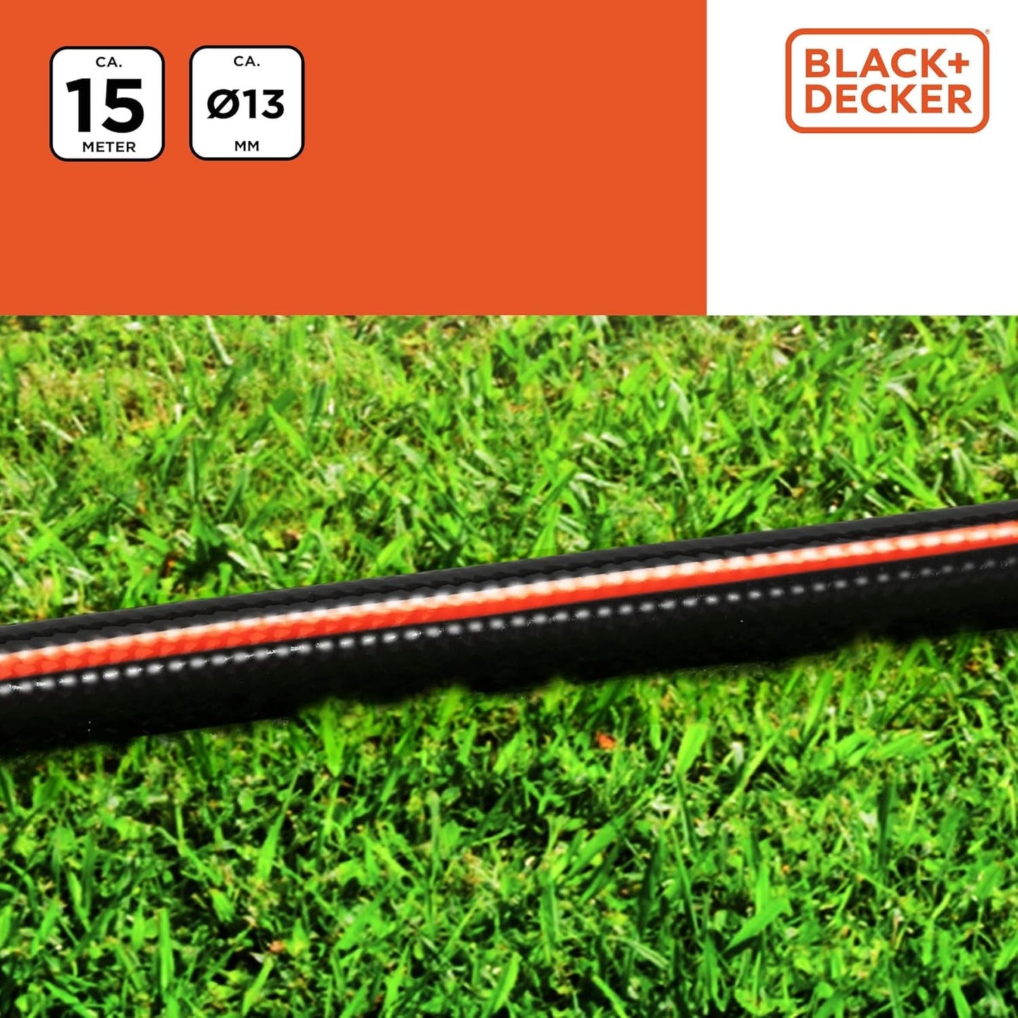 Furtun de grădină BLACK+DECKER 15 metri - Ø13MM - PVC durabil - Udarea grădinii, spălarea mașinii, umplerea piscinei - Compatibil cu orice robinet standard - Negru/Portocaliu