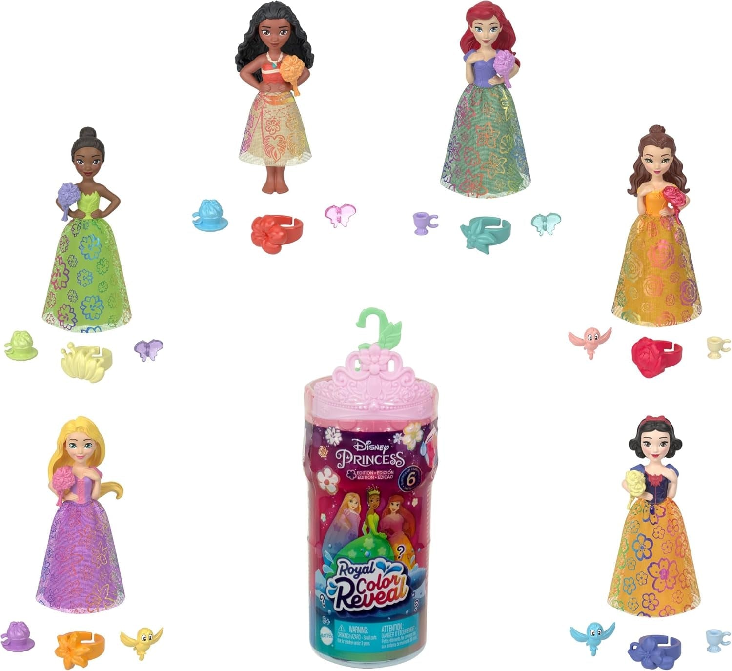 Mattel Disney Princess Royal Color Reveal, păpușă mică cu 6 surprize, inclusiv inel parfumat și 4 accesorii (păpușile pot varia), Seria Garden Party HRN63