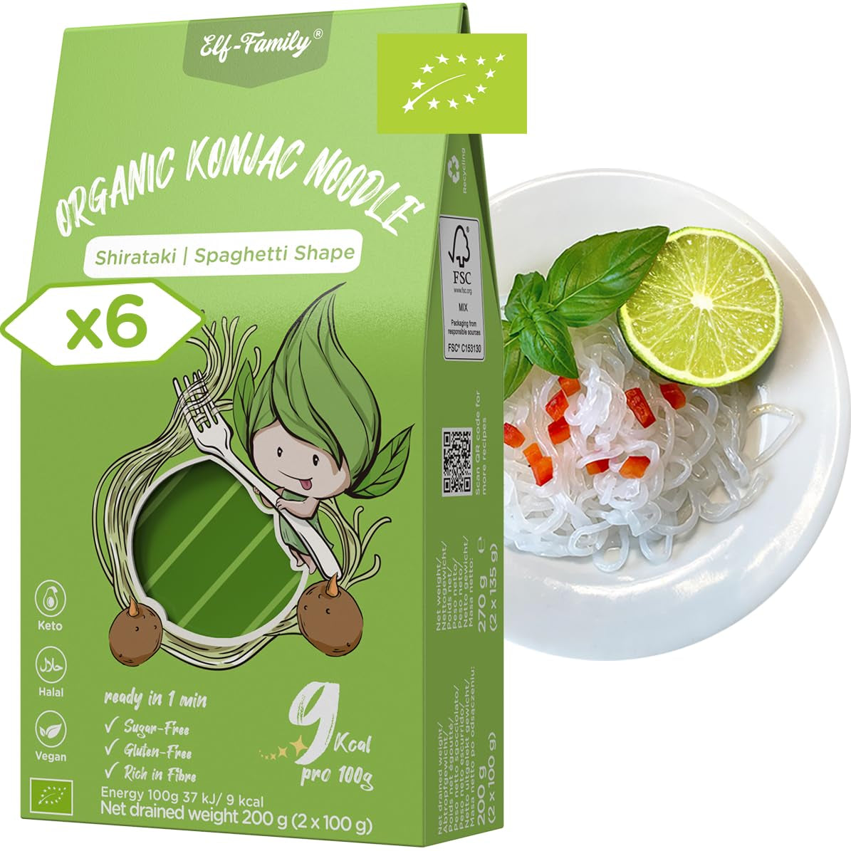 Elf-Family 270g x6er Box(12 pack) Bio Konjak Nudeln Ultra Low Carb Shirataki Nudeln Vegan Glutenfrei-Instant Nudeln ohne kohlenhydrate/Keto/Kalorienarme/Fettfrei/Zuckerfrei -Spaghetti MHD: 12/11/2026