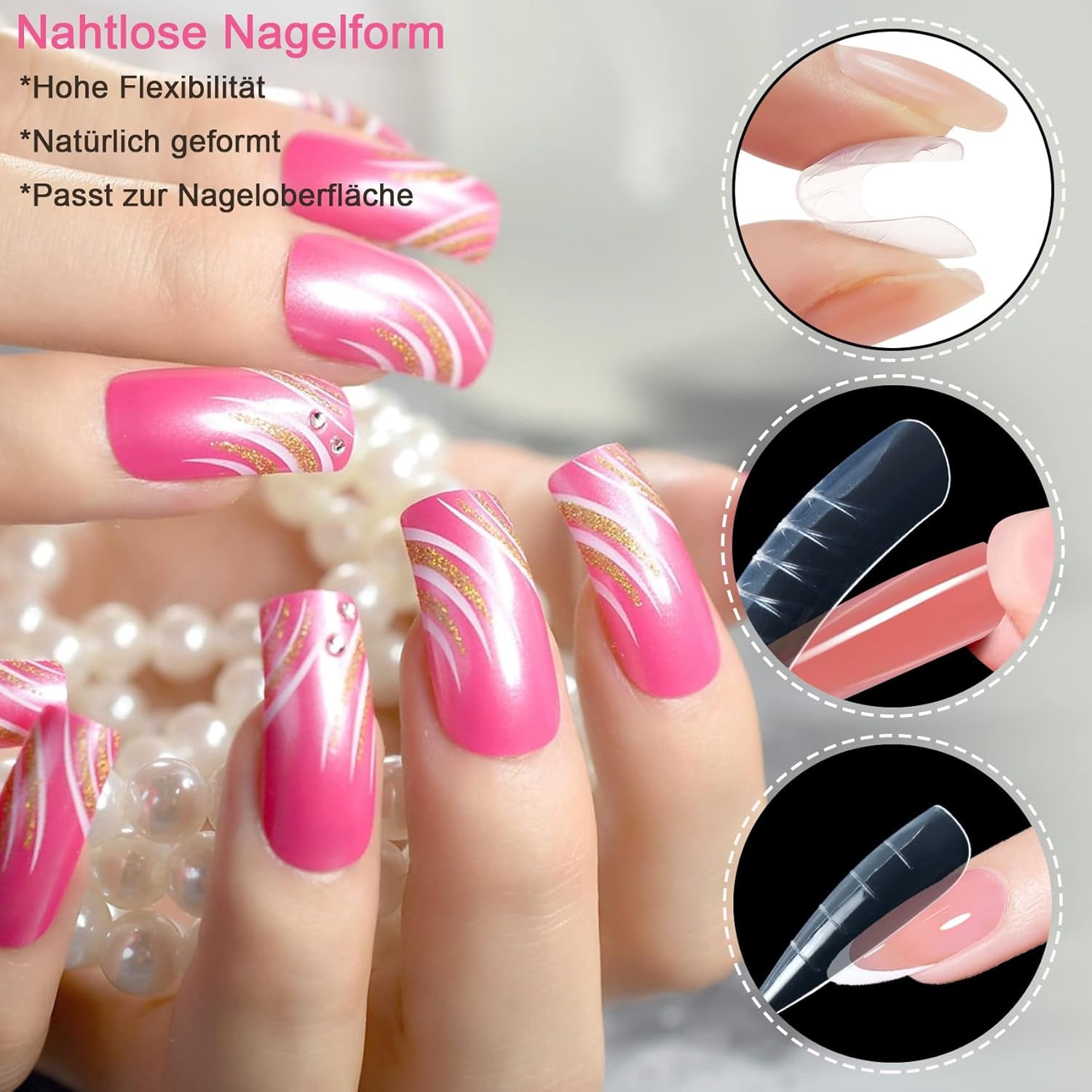 Set de 120 de forme duble pentru unghii, șabloane pentru extensii de unghii cu pensulă roz cu două capete, clemă pentru vârful unghiilor, separator de degete din burete și pilă de unghii pentru unghii Polygel