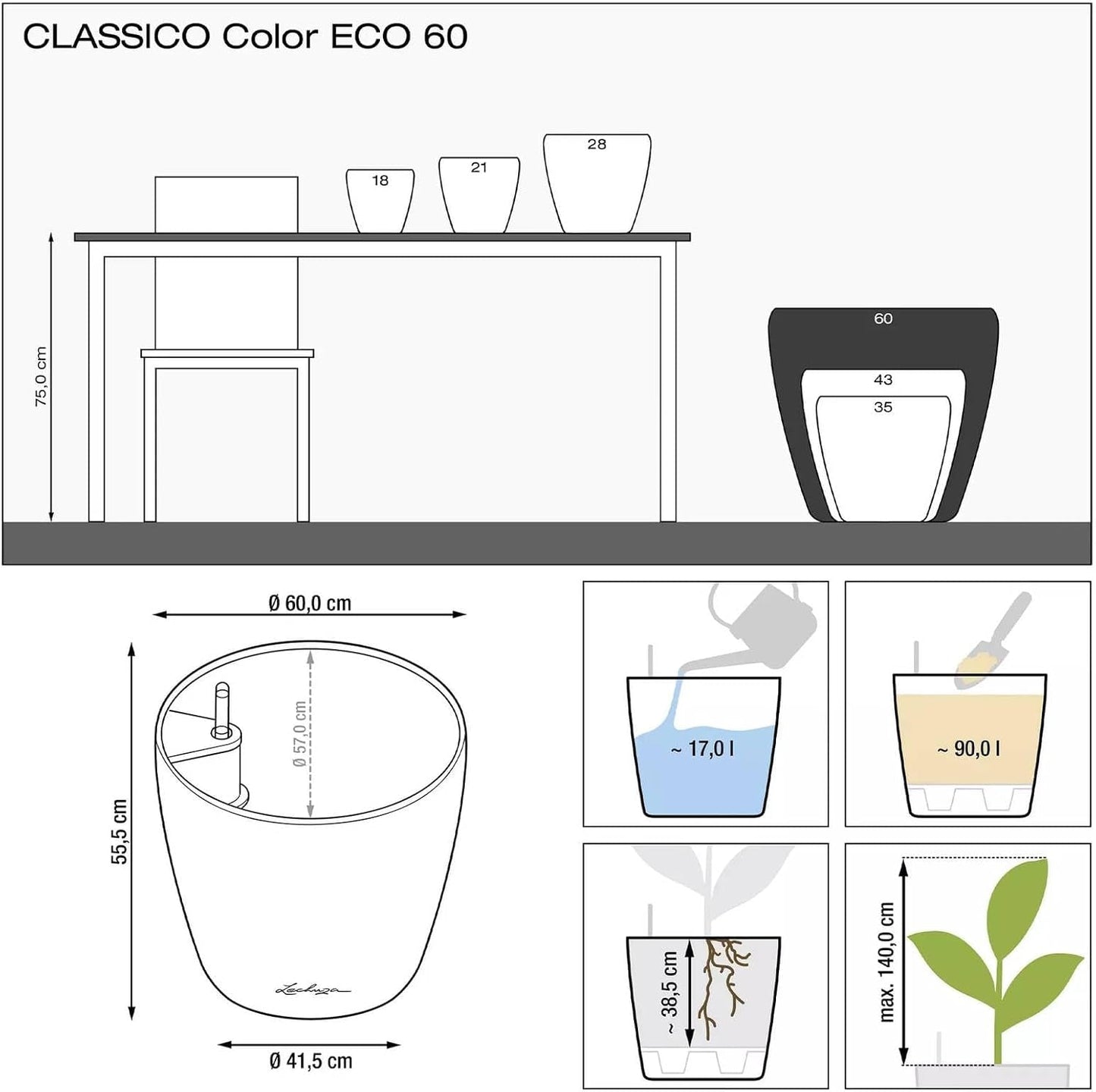 Jardinieră LECHUZA Classico Color ECO 60 Gri Închis | Jardinieră cu sistem de udare și indicator al nivelului apei | Fabricată din plastic 100% reciclat | Finisaj mat | Ø 60 x 55,5 cm | 18955